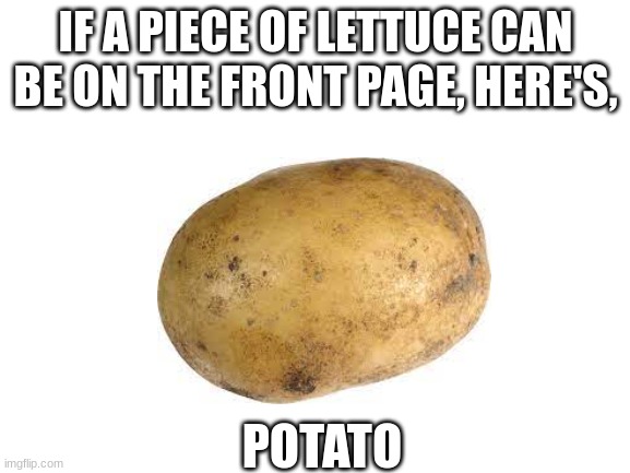POTATOPOTATOPOTATOPOTATOPOTATOPOTATOPOTATOPOTATOPOTATOPOTATOPOTATOPOTATOPOTATOPOTATOPOTATOPOTATOPOTATOPOTATOPOTATOPOTATOPOTATOPO | IF A PIECE OF LETTUCE CAN BE ON THE FRONT PAGE, HERE'S, POTATO | image tagged in potato,idk,im bored,memes | made w/ Imgflip meme maker