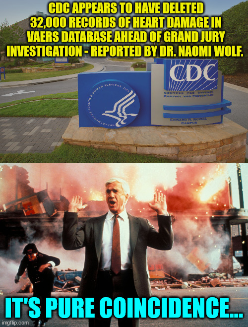 CDC covering up their Covid crimes... | CDC APPEARS TO HAVE DELETED 32,000 RECORDS OF HEART DAMAGE IN VAERS DATABASE AHEAD OF GRAND JURY INVESTIGATION - REPORTED BY DR. NAOMI WOLF. IT'S PURE COINCIDENCE... | image tagged in cdc center for disease control where doctors try to help us,nothing to see here | made w/ Imgflip meme maker
