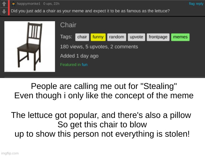 I hate, hate comments | People are calling me out for "Stealing"
Even though i only like the concept of the meme; The lettuce got popular, and there's also a pillow 
So get this chair to blow up to show this person not everything is stolen! | image tagged in memes,frontpage,bullying,haters,funny | made w/ Imgflip meme maker