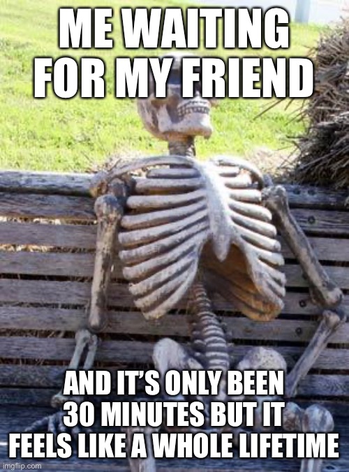Waiting Skeleton | ME WAITING FOR MY FRIEND; AND IT’S ONLY BEEN 30 MINUTES BUT IT FEELS LIKE A WHOLE LIFETIME | image tagged in memes,waiting skeleton | made w/ Imgflip meme maker