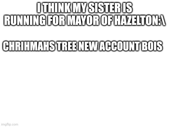 Blank White Template | I THINK MY SISTER IS RUNNING FOR MAYOR OF HAZELTON:\; CHRIHMAHS TREE NEW ACCOUNT BOIS | image tagged in blank white template | made w/ Imgflip meme maker