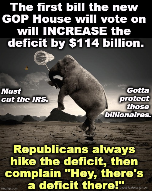 So much for Republicans balancing the budget! Protecting billionaires against tax audits is more important. | The first bill the new 
GOP House will vote on 
will INCREASE the 
deficit by $114 billion. Gotta 
protect 
those 
billionaires. Must cut the IRS. Republicans always 
hike the deficit, then 
complain "Hey, there's 
a deficit there!" | image tagged in gop republican elephant crazy insane butterfly net,republicans,deficit,irs,billionaire,protection | made w/ Imgflip meme maker