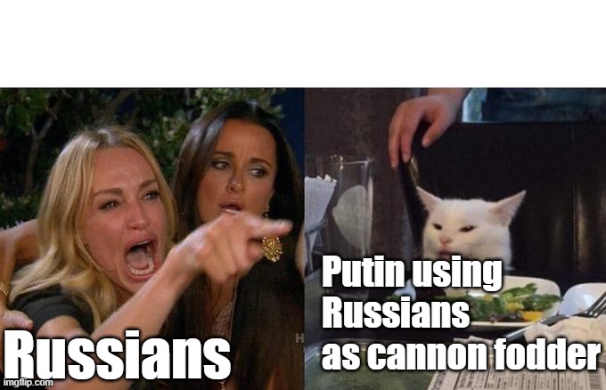 Woman Yelling At Cat | Putin using Russians as cannon fodder; Russians | image tagged in memes,woman yelling at cat,russia,ukraine,vladimir putin | made w/ Imgflip meme maker