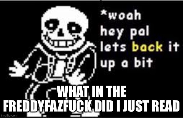 woah hey pal lets back it up a bit | WHAT IN THE FREDDYFAZFUCK DID I JUST READ | image tagged in woah hey pal lets back it up a bit | made w/ Imgflip meme maker