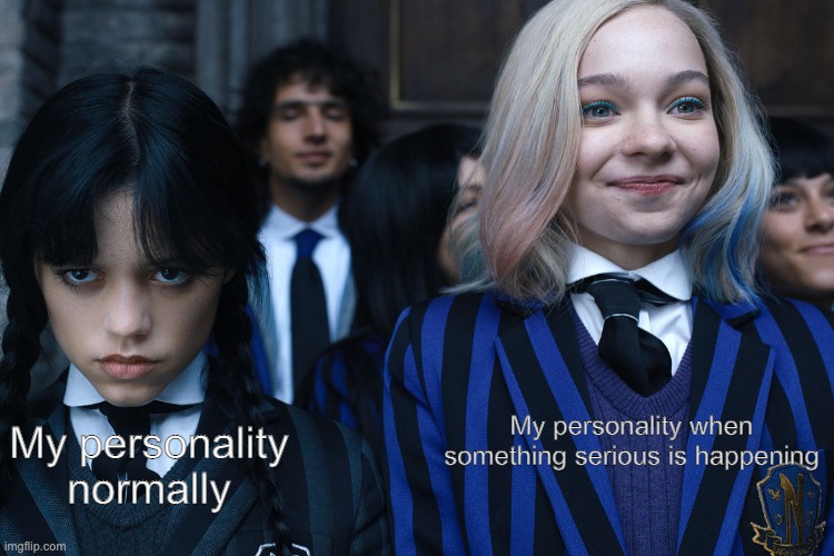 My personality | My personality when something serious is happening; My personality normally | image tagged in wednesday and enid | made w/ Imgflip meme maker