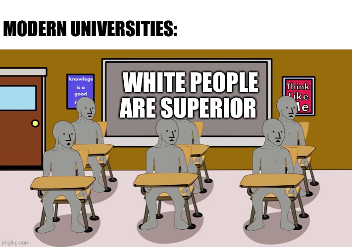 University | MODERN UNIVERSITIES:; WHITE PEOPLE ARE SUPERIOR | image tagged in npc university | made w/ Imgflip meme maker