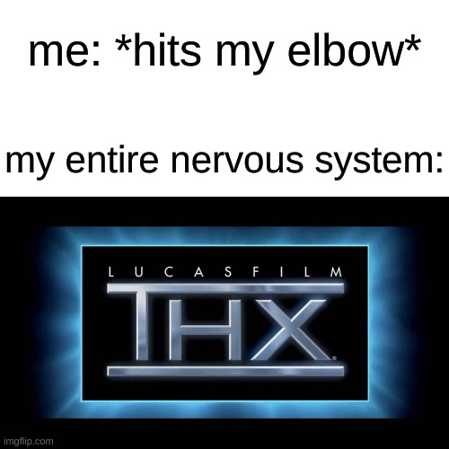 this is true, eh? | me: *hits my elbow*; my entire nervous system: | image tagged in thx logo,memes | made w/ Imgflip meme maker