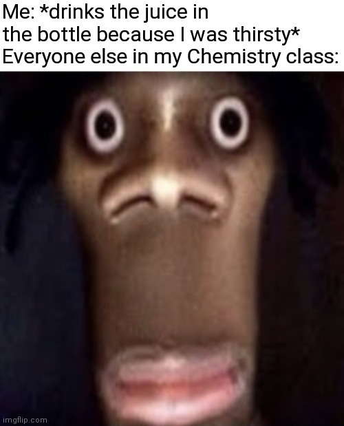Quandale dingle | Me: *drinks the juice in the bottle because I was thirsty*
Everyone else in my Chemistry class: | image tagged in quandale dingle,school,memes | made w/ Imgflip meme maker