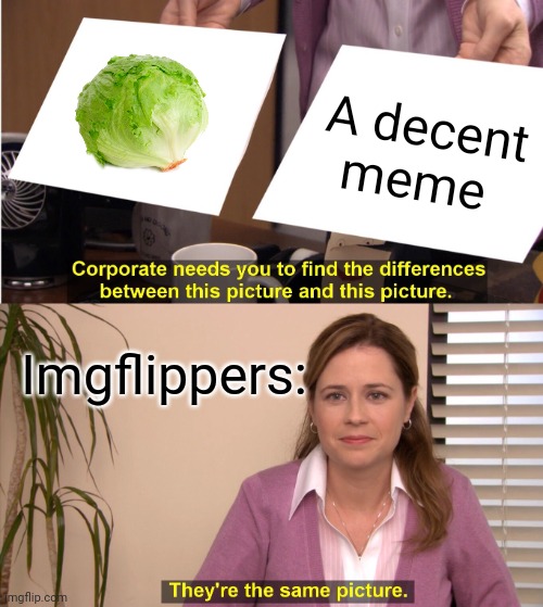 Vegetables are so lame and incredibly cringe. Do something different guys. | A decent meme; Imgflippers: | image tagged in memes,they're the same picture | made w/ Imgflip meme maker