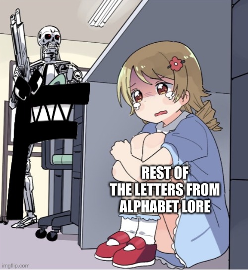 only people who watch alphabet lore will get this | REST OF THE LETTERS FROM ALPHABET LORE | image tagged in anime girl hiding from terminator | made w/ Imgflip meme maker