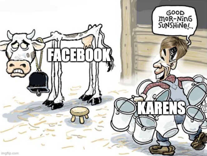 milking the cow | FACEBOOK; KARENS | image tagged in milking the cow,karen,facebook,memes,funny,karens | made w/ Imgflip meme maker