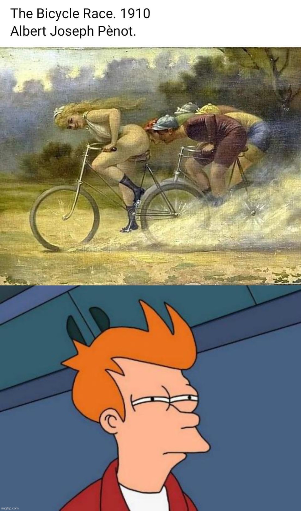 Disclaimer: This is not AI art. This is a real painting that a real human being consciously chose to draw | image tagged in the bicycle race,memes,futurama fry,not,ai,art | made w/ Imgflip meme maker
