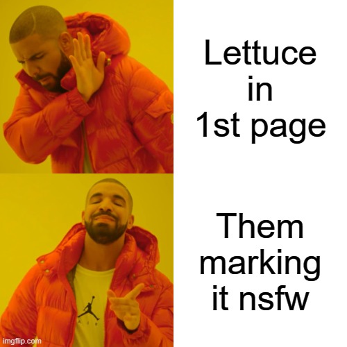 Down to Lettuce | Lettuce in 1st page; Them marking it nsfw | image tagged in memes,drake hotline bling | made w/ Imgflip meme maker