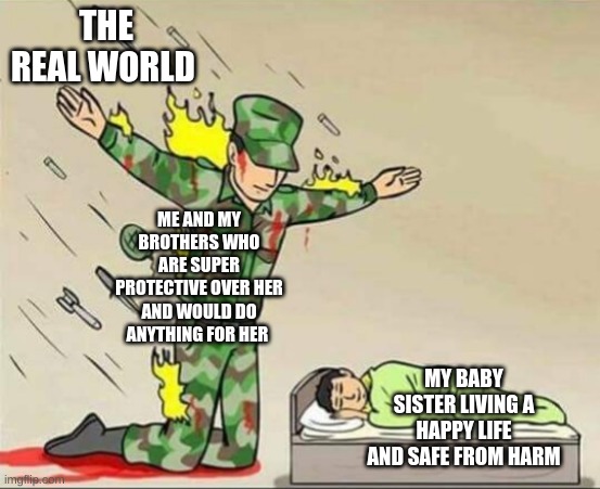 Soldier protecting sleeping child | THE REAL WORLD; ME AND MY BROTHERS WHO ARE SUPER PROTECTIVE OVER HER AND WOULD DO ANYTHING FOR HER; MY BABY SISTER LIVING A HAPPY LIFE AND SAFE FROM HARM | image tagged in soldier protecting sleeping child | made w/ Imgflip meme maker