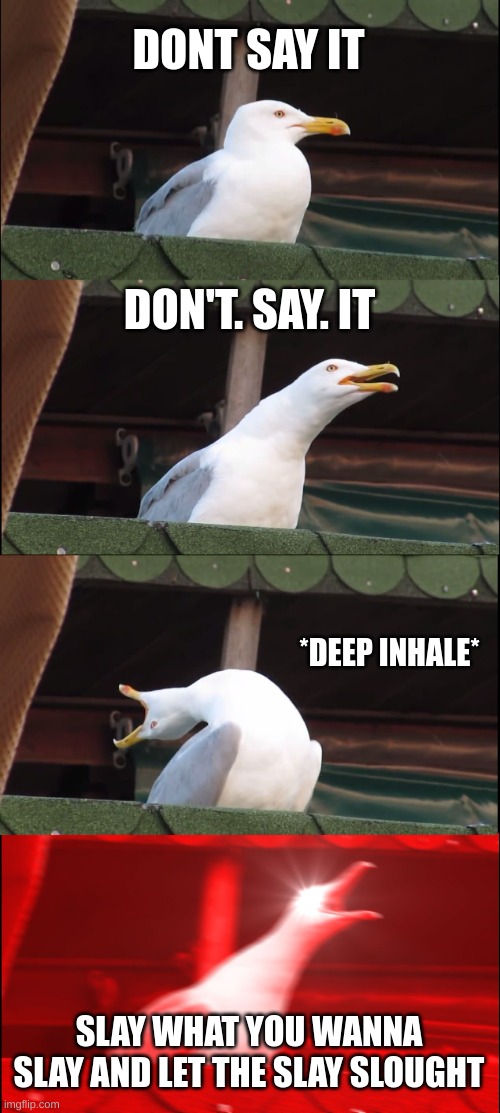 Inhaling Seagull Meme | DONT SAY IT; DON'T. SAY. IT; *DEEP INHALE*; SLAY WHAT YOU WANNA SLAY AND LET THE SLAY SLOUGHT | image tagged in memes,inhaling seagull | made w/ Imgflip meme maker