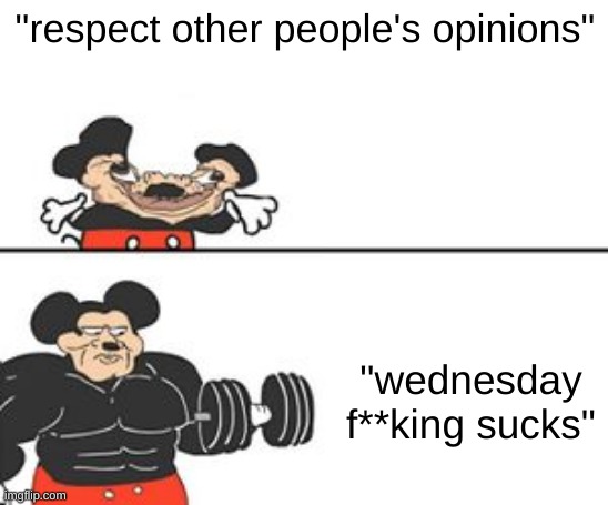 Buff Mokey | "respect other people's opinions"; "wednesday f**king sucks" | image tagged in buff mokey | made w/ Imgflip meme maker