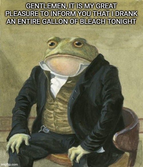 Gentleman frog | GENTLEMEN, IT IS MY GREAT PLEASURE TO INFORM YOU THAT I DRANK AN ENTIRE GALLON OF BLEACH TONIGHT | image tagged in gentleman frog | made w/ Imgflip meme maker