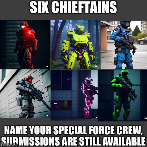 Yveltal, Gren mage, Gangster Wario, JustWeirdStuff, Stormbreaker07 and me are participating | SIX CHIEFTAINS; NAME YOUR SPECIAL FORCE CREW,
SUBMISSIONS ARE STILL AVAILABLE | image tagged in balls,typo,wtf,im bored | made w/ Imgflip meme maker