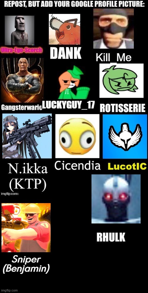 Sniper
(Benjamin) | image tagged in blank black | made w/ Imgflip meme maker