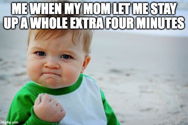 4 mins | ME WHEN MY MOM LET ME STAY UP A WHOLE EXTRA FOUR MINUTES | image tagged in memes,success kid original | made w/ Imgflip meme maker