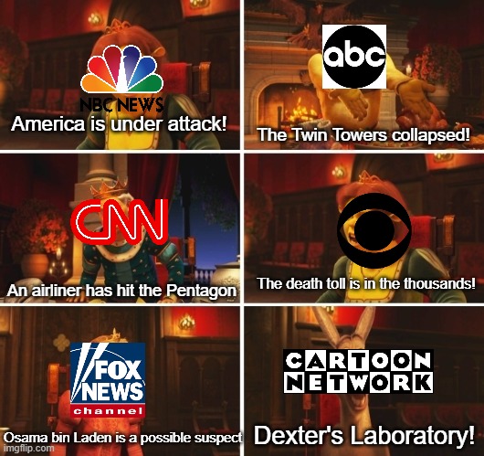 Television on 9/11 in a nutshell | America is under attack! The Twin Towers collapsed! The death toll is in the thousands! An airliner has hit the Pentagon; Dexter's Laboratory! Osama bin Laden is a possible suspect | image tagged in shrek argument | made w/ Imgflip meme maker