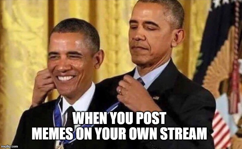 I have a stream called RaN-dOm-NeSs. Check it out! |  WHEN YOU POST MEMES ON YOUR OWN STREAM | image tagged in obama medal | made w/ Imgflip meme maker