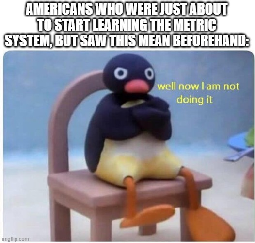 Well Now I'm not Doing it | AMERICANS WHO WERE JUST ABOUT TO START LEARNING THE METRIC SYSTEM, BUT SAW THIS MEAN BEFOREHAND: | image tagged in well now i'm not doing it | made w/ Imgflip meme maker