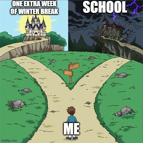 Two Paths | ONE EXTRA WEEK OF WINTER BREAK; SCHOOL; ME | image tagged in two paths,cool | made w/ Imgflip meme maker