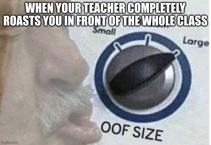 Oof size large | WHEN YOUR TEACHER COMPLETELY ROASTS YOU IN FRONT OF THE WHOLE CLASS | image tagged in oof size large | made w/ Imgflip meme maker