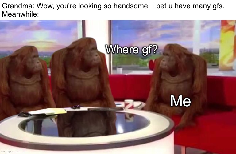 where monkey | Grandma: Wow, you're looking so handsome. I bet u have many gfs.
Meanwhile:; Where gf? Me | image tagged in where monkey | made w/ Imgflip meme maker