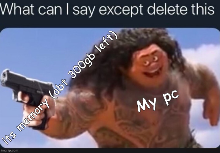 What can I say, except, relatable? | its memory (abt 300gb left) My pc | image tagged in what can i say except delete this,relatable,memes,funny,pc | made w/ Imgflip meme maker