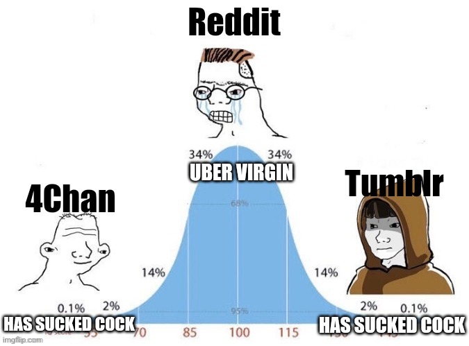 Bell Curve | Reddit; UBER VIRGIN; Tumblr; 4Chan; HAS SUCKED COCK; HAS SUCKED COCK | image tagged in bell curve | made w/ Imgflip meme maker