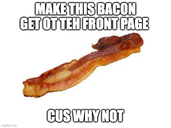 bacon get this to front page to annoy iceu *the sorry for the spelling mistake | MAKE THIS BACON GET OT TEH FRONT PAGE; CUS WHY NOT | image tagged in get this to front page to annoy iceu | made w/ Imgflip meme maker