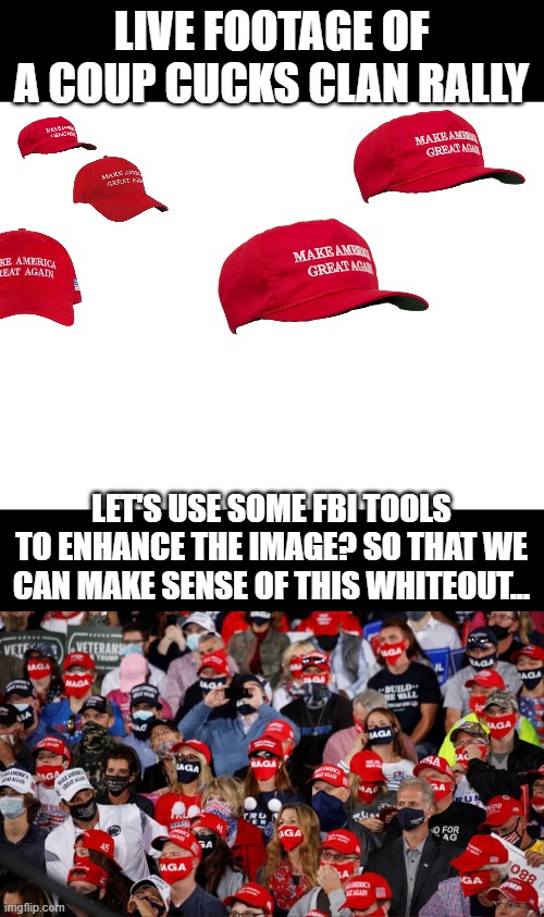 lmao | LIVE FOOTAGE OF A COUP CUCKS CLAN RALLY; LET'S USE SOME FBI TOOLS TO ENHANCE THE IMAGE? SO THAT WE CAN MAKE SENSE OF THIS WHITEOUT... | image tagged in blank white template,truth | made w/ Imgflip meme maker