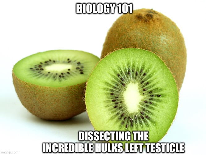 Basic biology | BIOLOGY 101; DISSECTING THE INCREDIBLE HULKS LEFT TESTICLE | image tagged in kiwi,the incredible hulk,testicles,you had one job | made w/ Imgflip meme maker