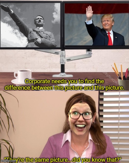 Lib logic | Corporate needs you to find the difference between this picture and this picture. "They're the same picture...did you know that?" | image tagged in corporate needs you to find the differences,liberal logic,libtards,trump,hitler | made w/ Imgflip meme maker