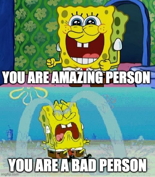 spongebob happy and sad | YOU ARE AMAZING PERSON; YOU ARE A BAD PERSON | image tagged in spongebob happy and sad | made w/ Imgflip meme maker