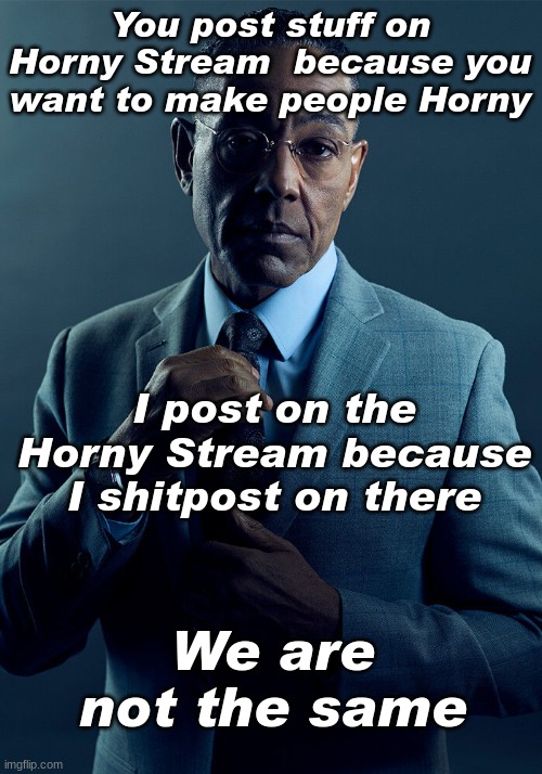 gus fring we are not the same | You post stuff on Horny Stream  because you want to make people Horny; I post on the Horny Stream because I shitpost on there; We are not the same | image tagged in gus fring we are not the same,memes,shitpost | made w/ Imgflip meme maker