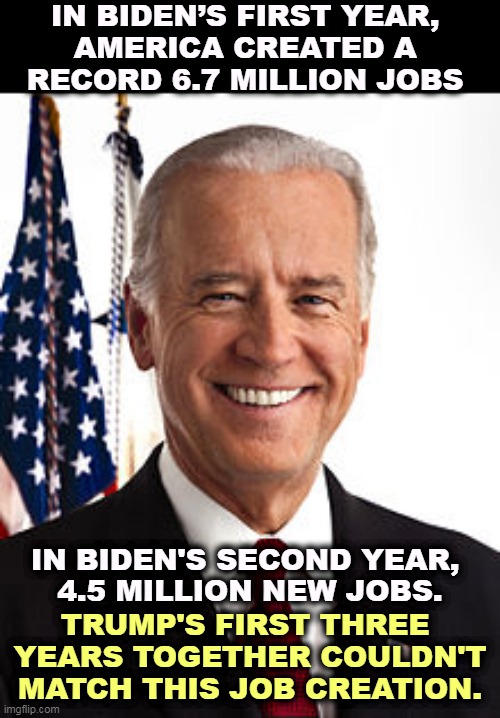 Joe Biden, job creator. | IN BIDEN’S FIRST YEAR, 
AMERICA CREATED A 
RECORD 6.7 MILLION JOBS; IN BIDEN'S SECOND YEAR, 
4.5 MILLION NEW JOBS. TRUMP'S FIRST THREE 
YEARS TOGETHER COULDN'T MATCH THIS JOB CREATION. | image tagged in memes,joe biden,jobs,up,donald trump,down | made w/ Imgflip meme maker