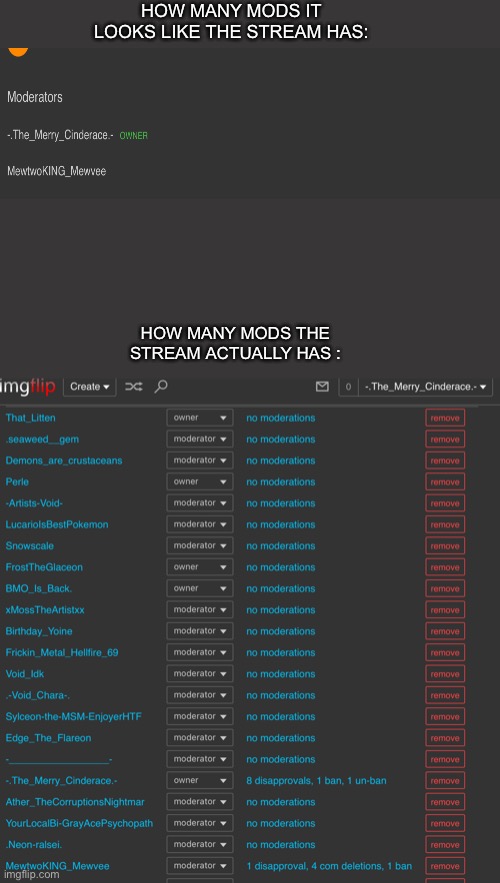 Half the mods don’t even do anything here *skull* (I might consider taking some people away if they don’t moderate) | HOW MANY MODS IT LOOKS LIKE THE STREAM HAS:; HOW MANY MODS THE STREAM ACTUALLY HAS : | made w/ Imgflip meme maker