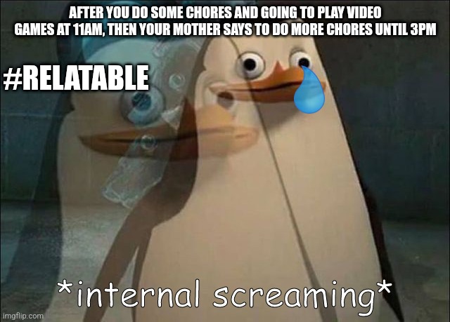 Private Internal Screaming | AFTER YOU DO SOME CHORES AND GOING TO PLAY VIDEO GAMES AT 11AM, THEN YOUR MOTHER SAYS TO DO MORE CHORES UNTIL 3PM; #RELATABLE | image tagged in private internal screaming | made w/ Imgflip meme maker