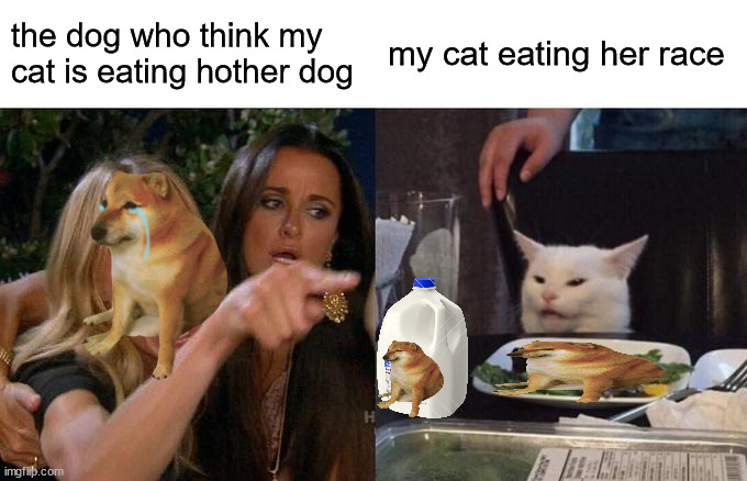 Woman Yelling At Cat | the dog who think my cat is eating hother dog; my cat eating her race | image tagged in memes,woman yelling at cat | made w/ Imgflip meme maker