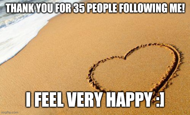 Idk what to do for this but I wanted to thank those who followed me! | THANK YOU FOR 35 PEOPLE FOLLOWING ME! I FEEL VERY HAPPY :] | image tagged in beach heart,thank you | made w/ Imgflip meme maker