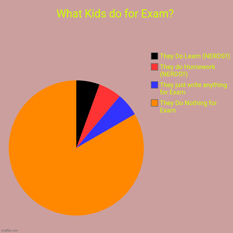 What Kids do for Exam? | They Do Nothing for Exam, They just write anything for Exam , They do Homework (NERDS!!), They Do Learn (NERDS!!) | image tagged in charts,pie charts | made w/ Imgflip chart maker