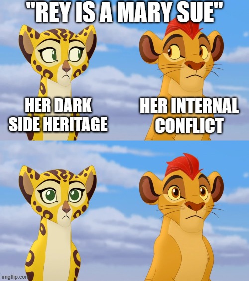 Stop saying Rey is too perfect because she IS NOT and that's what makes her a good character | "REY IS A MARY SUE"; HER DARK SIDE HERITAGE; HER INTERNAL CONFLICT | image tagged in kion and fuli side-eye,rey,mary sue | made w/ Imgflip meme maker