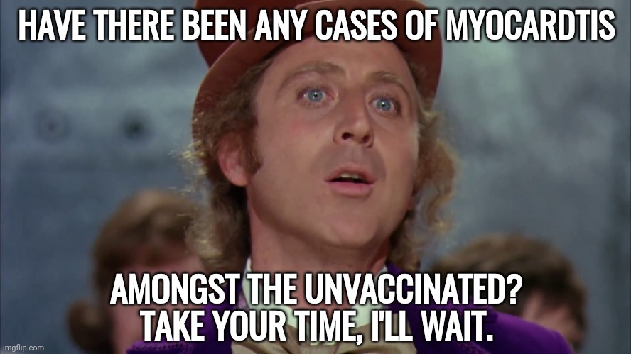 The answer is HELL NO! | HAVE THERE BEEN ANY CASES OF MYOCARDTIS; AMONGST THE UNVACCINATED? TAKE YOUR TIME, I'LL WAIT. | image tagged in willy wonka | made w/ Imgflip meme maker