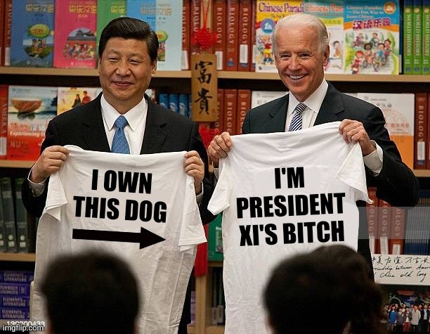 Xi and Biden | I'M PRESIDENT XI'S BITCH; I OWN THIS DOG | image tagged in joe biden and xi holding shirts,joe biden,china,liberals,democrats | made w/ Imgflip meme maker