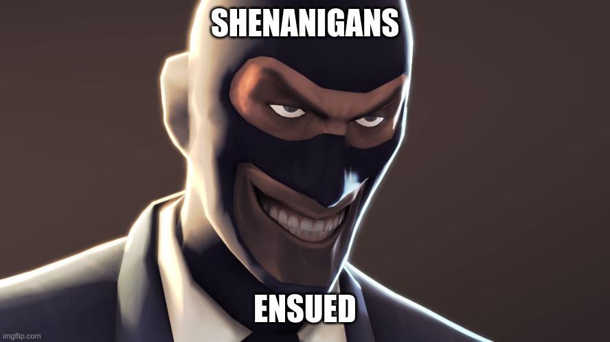 TF2 spy face | SHENANIGANS ENSUED | image tagged in tf2 spy face | made w/ Imgflip meme maker