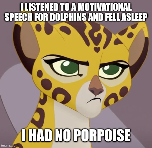 Annoyed Fuli | I LISTENED TO A MOTIVATIONAL SPEECH FOR DOLPHINS AND FELL ASLEEP; I HAD NO PORPOISE | image tagged in annoyed fuli,dolphins,motivational | made w/ Imgflip meme maker