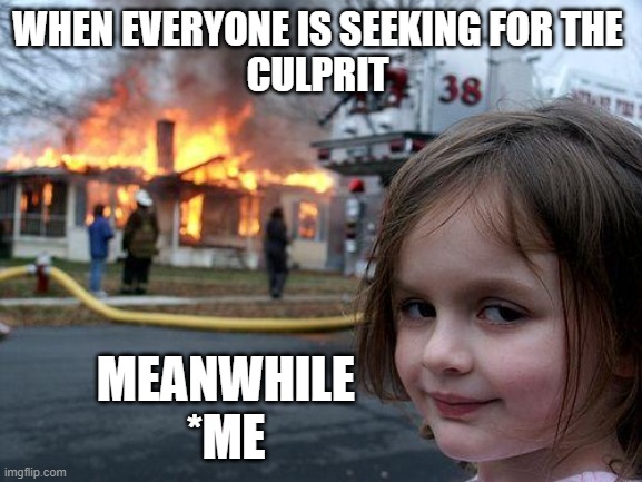 when you are the culprit | WHEN EVERYONE IS SEEKING FOR THE 
CULPRIT; MEANWHILE
*ME | image tagged in memes,disaster girl | made w/ Imgflip meme maker